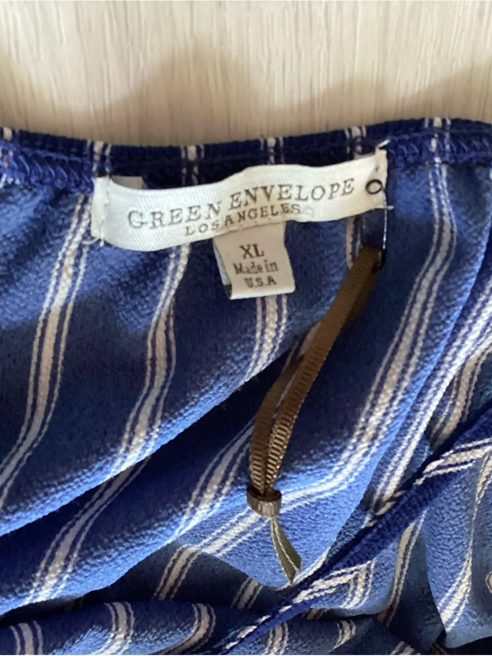 Green Envelope Blue & White pinstripe LA jumpsuit XL pantsuit w/ ruffle neck - Picture 3 of 3